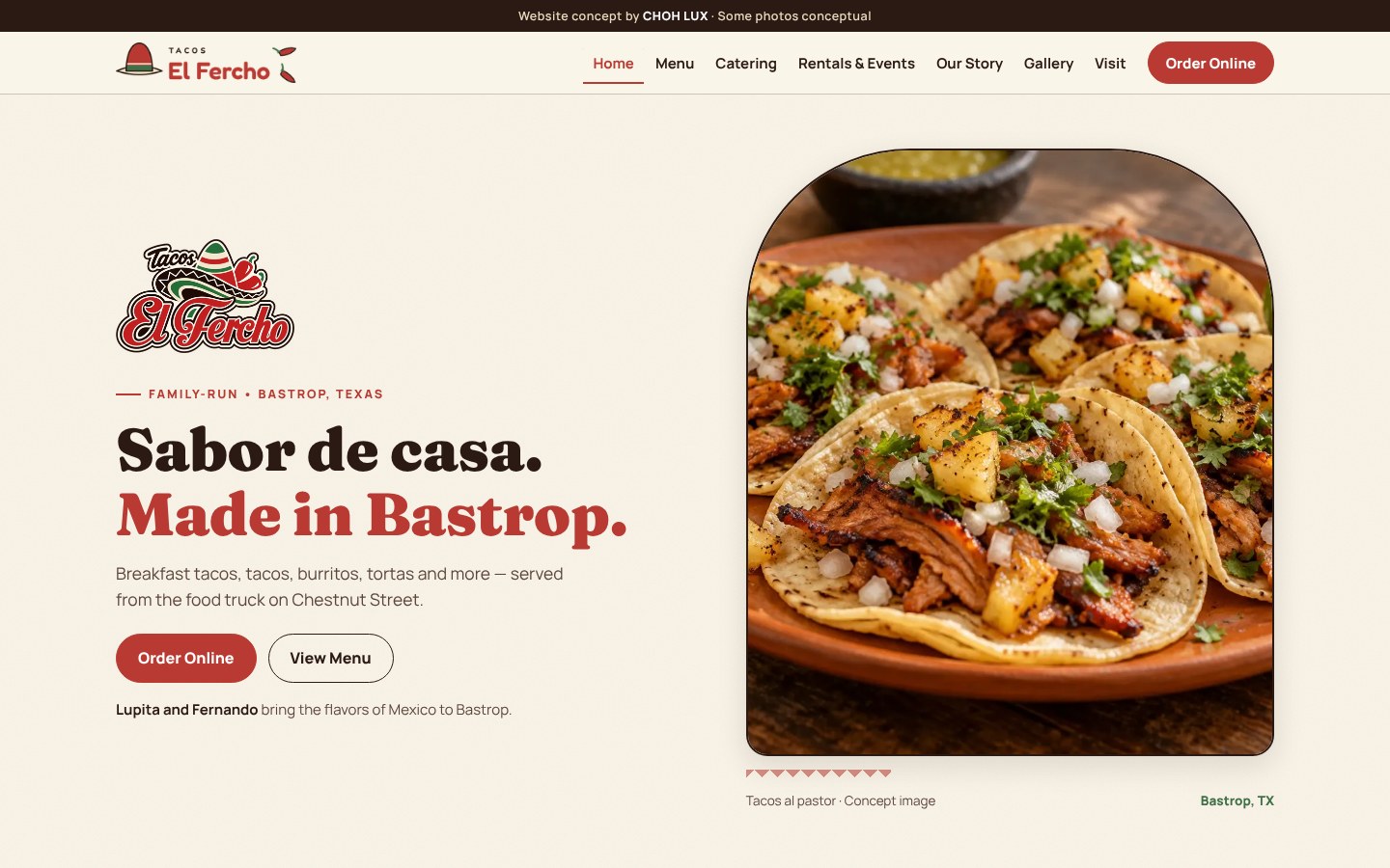 Tacos El Fercho concept homepage on desktop.
