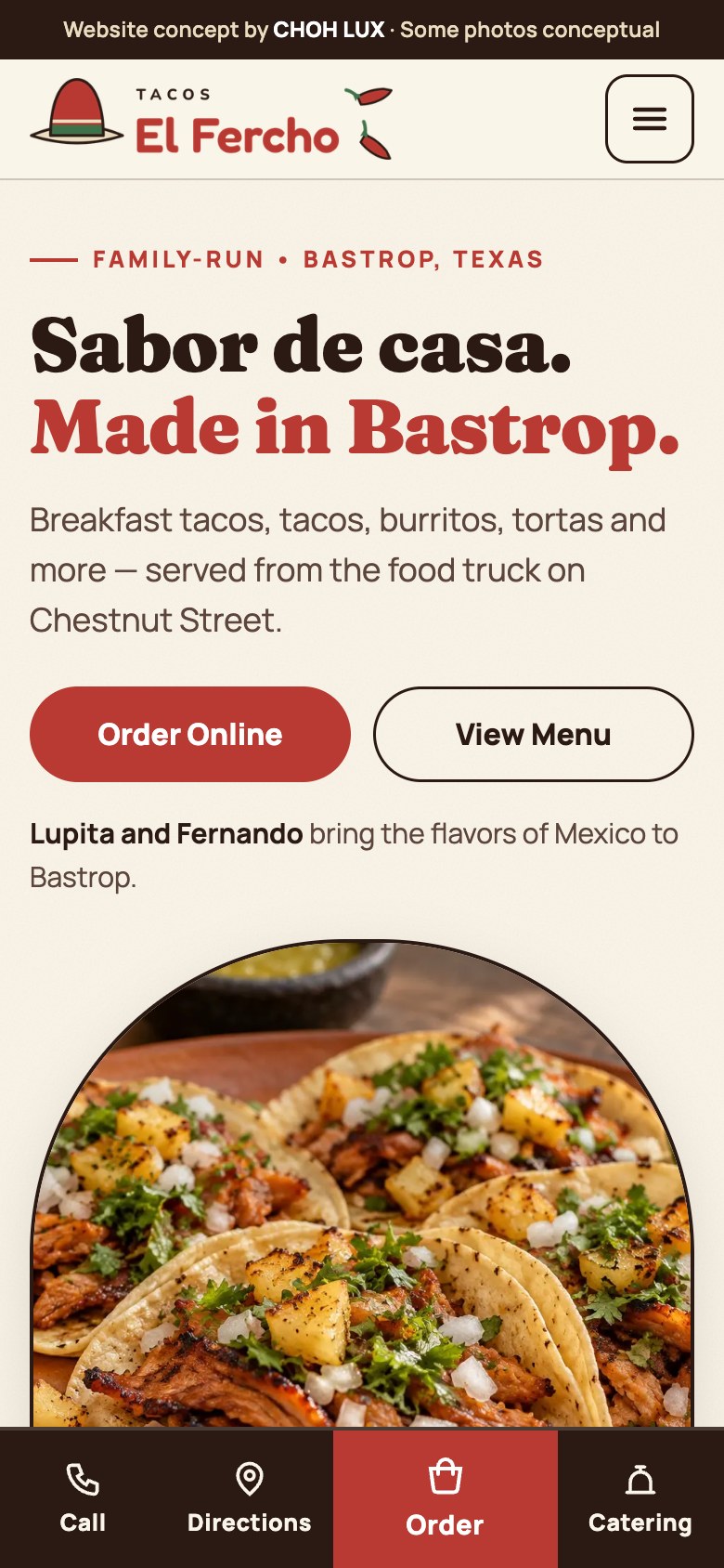 Tacos El Fercho concept homepage on mobile.